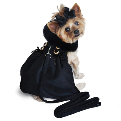 Black Wool Faux Fur-Trimmed Dog Harness Coat