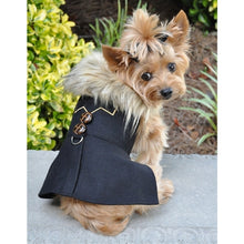 Classic Black Wool Harness Dog Coat with Faux Fur Collar and Matching Leash