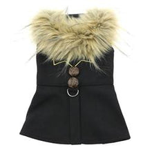 Classic Black Wool Harness Dog Coat with Faux Fur Collar and Matching Leash