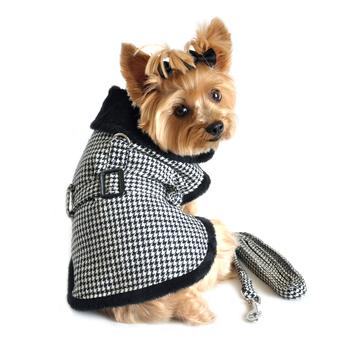 Classic Houndstooth and Faux Fur Collar Dog Harness Coat with Leash