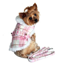 Pink and White Plaid Faux Fur-Trimmed Dog Harness Coat