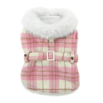 Pink and White Plaid Faux Fur-Trimmed Dog Harness Coat