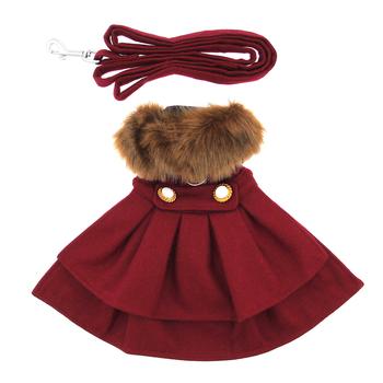 Classic Burgundy Wool Harness Coat with Fur Collar and Matching Leash